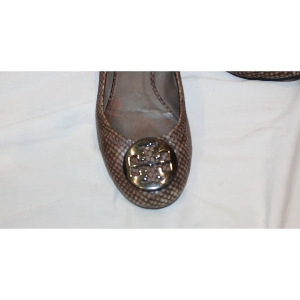 TORY BURCH REVA BALLERINA BALLET FLAT SNAKESKIN PRINT T LOGO SIZE 6.5 BROWN